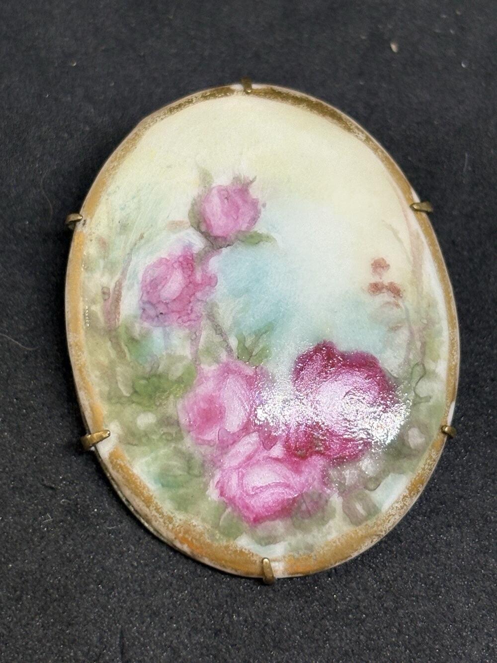 Antique Hand Painted Porcelain Rose Brooch Pin Victorian Style Oval